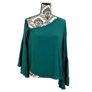 Leith Green Asymmetrical Off Shoulder 100% Rayon Long Bell Sleeve Romantic Top